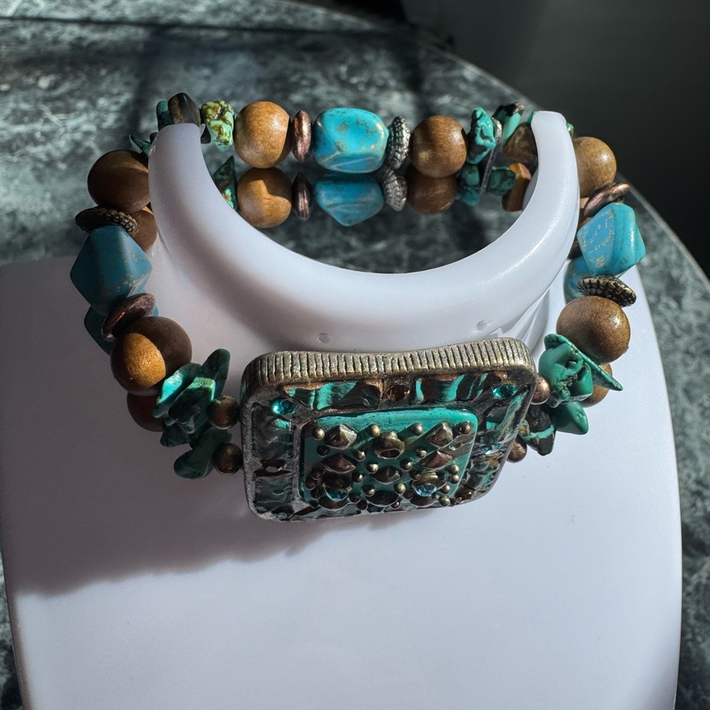Turquoise and Wood Bead Statement Bracelet